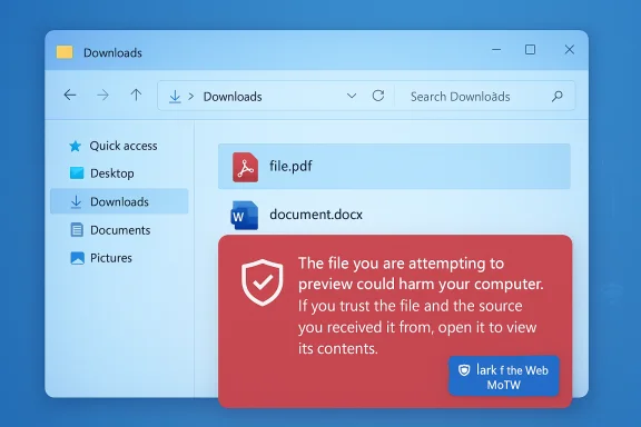 Windows Downloads folder showing file.pdf and document.docx with a red security warning. Windows Downloads folder showing file.pdf and document.docx with a red security warning.