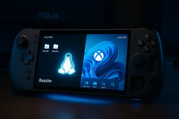 A handheld gaming device displaying Linux (Tux) on the left and Xbox on Windows wallpaper on the right. A handheld gaming device displaying Linux (Tux) on the left and Xbox on Windows wallpaper on the right.