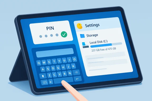 Tablet in landscape mode showing PIN entry on the left and storage settings on the right. Tablet in landscape mode showing PIN entry on the left and storage settings on the right.