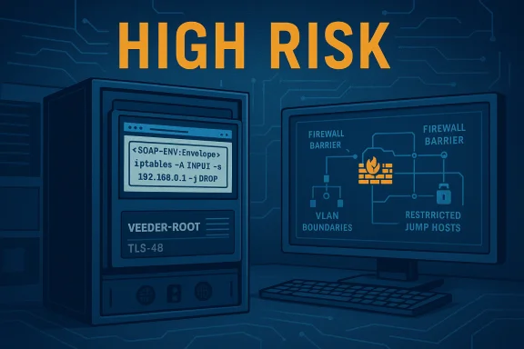 High risk warning: a computer server and monitor showing firewall and network restrictions. High risk warning: a computer server and monitor showing firewall and network restrictions.
