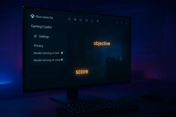 Dimly lit desk with a monitor showing Xbox Game Bar and Gaming Copilot settings over a game screen. Dimly lit desk with a monitor showing Xbox Game Bar and Gaming Copilot settings over a game screen.