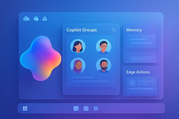 Blue gradient UI featuring Copilot Groups, Memory, Edge Actions, and a colorful blob icon. Blue gradient UI featuring Copilot Groups, Memory, Edge Actions, and a colorful blob icon.