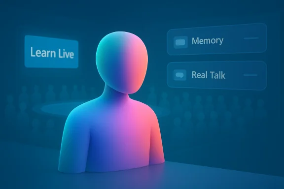 Colorful 3D avatar on stage presenting to a virtual audience with Learn Live and chat panels. Colorful 3D avatar on stage presenting to a virtual audience with Learn Live and chat panels.
