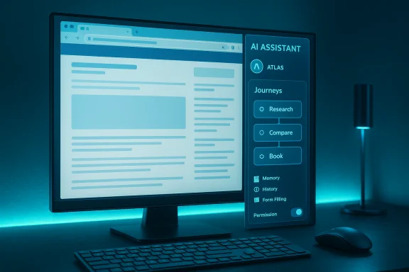 A computer monitor shows a blue-tinted AI assistant panel beside a web browser interface. A computer monitor shows a blue-tinted AI assistant panel beside a web browser interface.