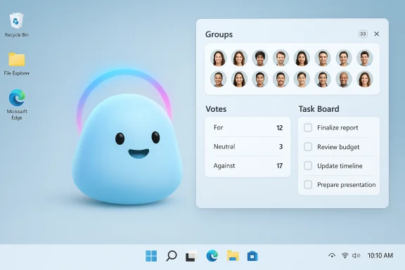 A cute blue blob character sits beside a group voting dashboard on a pale blue desktop. A cute blue blob character sits beside a group voting dashboard on a pale blue desktop.