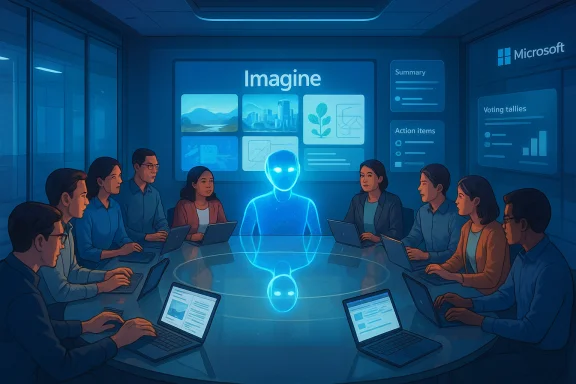 A glowing AI hologram presides over a diverse team around a round table in a Microsoft-style briefing room. A glowing AI hologram presides over a diverse team around a round table in a Microsoft-style briefing room.