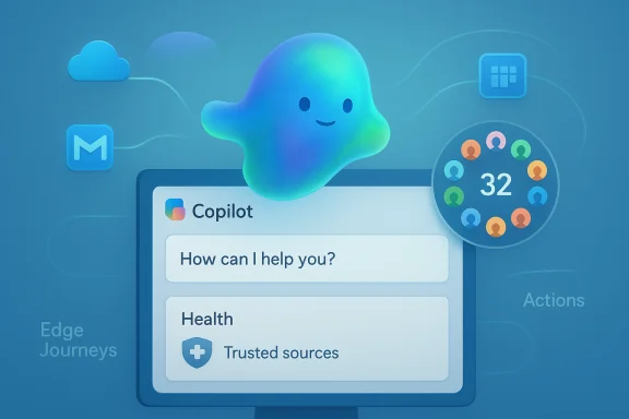 A friendly Copilot mascot sits on a screen, asking 'How can I help you?' with health options. A friendly Copilot mascot sits on a screen, asking 'How can I help you?' with health options.