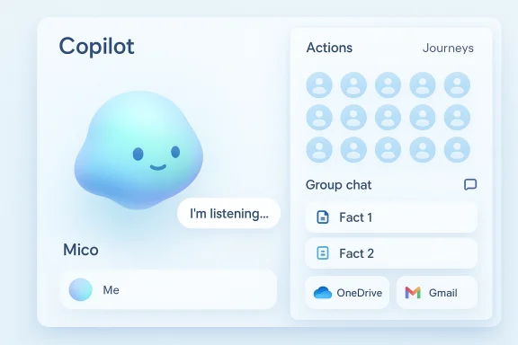 Soft blue Copilot UI with Mico avatar and I'm listening badge, plus a right panel of actions and facts. Soft blue Copilot UI with Mico avatar and I'm listening badge, plus a right panel of actions and facts.