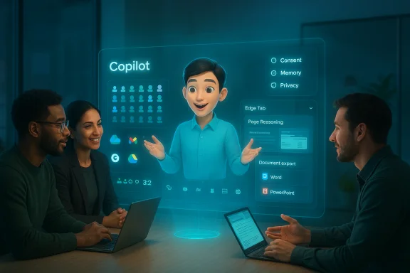 Three colleagues discuss as a holographic Copilot interface hovers above the table. Three colleagues discuss as a holographic Copilot interface hovers above the table.