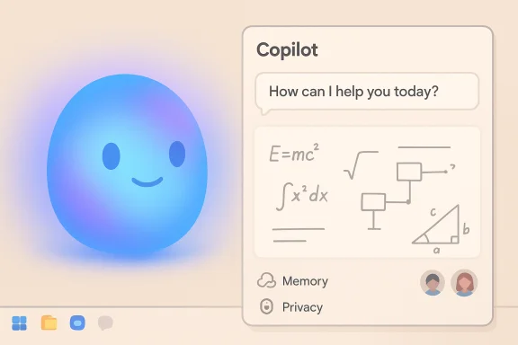 A cute blue round character sits beside a Copilot chat panel filled with math diagrams. A cute blue round character sits beside a Copilot chat panel filled with math diagrams.