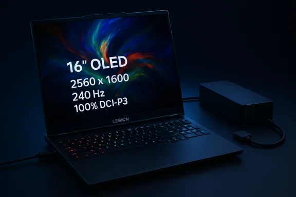 Lenovo Legion 16” OLED laptop with 2560×1600, 240 Hz, 100% DCI-P3, plugged into a power brick. Lenovo Legion 16” OLED laptop with 2560×1600, 240 Hz, 100% DCI-P3, plugged into a power brick.