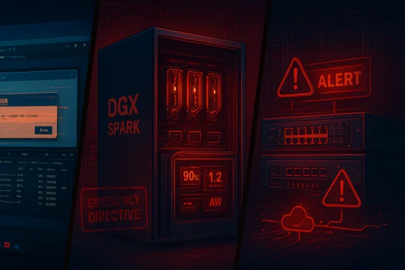 Red-tinted data center with a DGX Spark server and glowing alert signs. Red-tinted data center with a DGX Spark server and glowing alert signs.