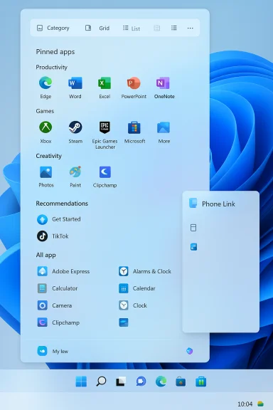 Windows-like Start menu with pinned apps and a Phone Link panel on a blue desktop. Windows-like Start menu with pinned apps and a Phone Link panel on a blue desktop.