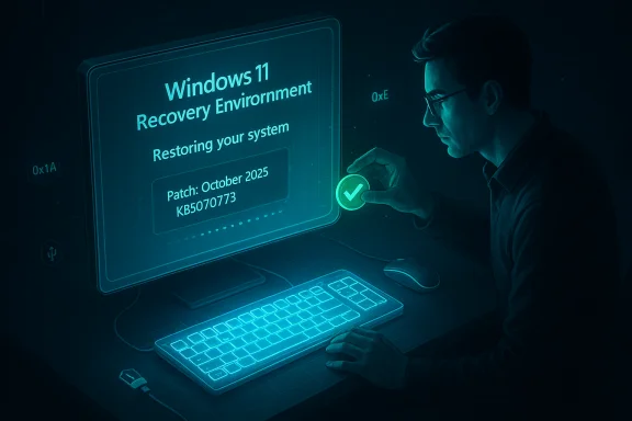 Man uses Windows 11 Recovery Environment screen, tapping a green check to restore the system. Man uses Windows 11 Recovery Environment screen, tapping a green check to restore the system.