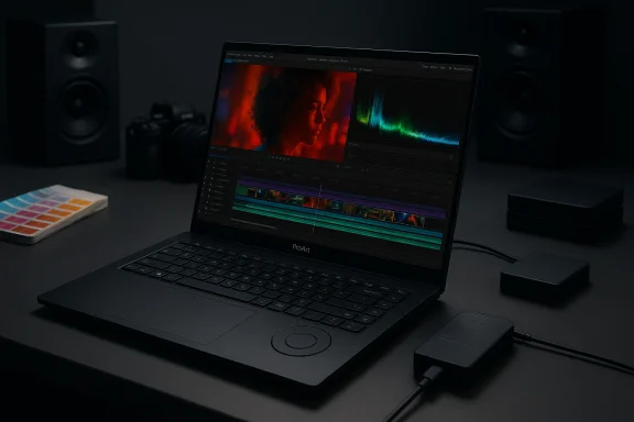 Dim editing setup with a ProArt laptop displaying color-graded video and waveforms. Dim editing setup with a ProArt laptop displaying color-graded video and waveforms.