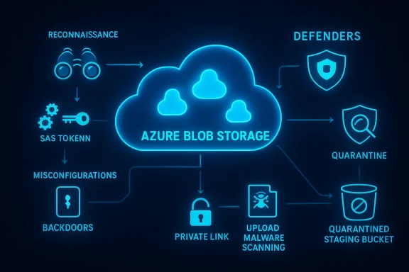 Neon blue diagram of Azure Blob Storage showing security flow from reconnaissance to quarantine. Neon blue diagram of Azure Blob Storage showing security flow from reconnaissance to quarantine.