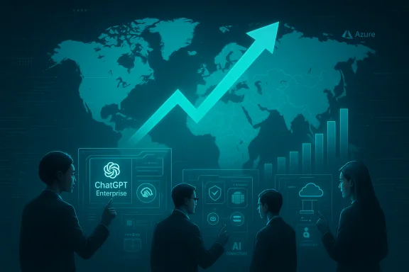 Executives monitor global AI growth on a holographic dashboard featuring ChatGPT Enterprise. Executives monitor global AI growth on a holographic dashboard featuring ChatGPT Enterprise.