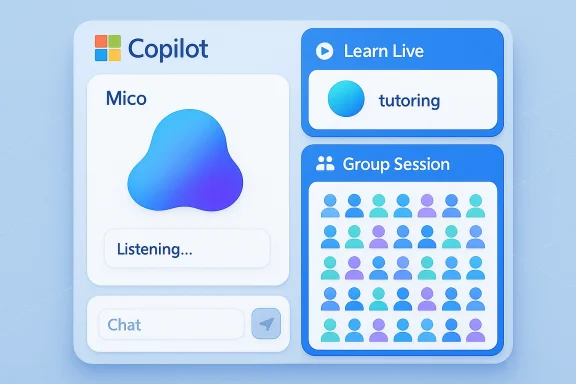 Copilot dashboard featuring Mico avatar, Learn Live tutoring, and a Group Session with many avatars. Copilot dashboard featuring Mico avatar, Learn Live tutoring, and a Group Session with many avatars.