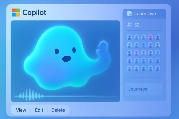 A glowing blue ghost on the Copilot interface with a user grid and edit buttons. A glowing blue ghost on the Copilot interface with a user grid and edit buttons.