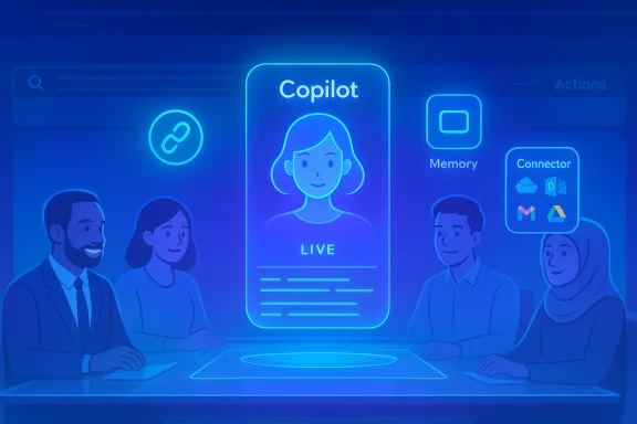 A glowing holographic Copilot profile hovers above a conference table as a team collaborates. A glowing holographic Copilot profile hovers above a conference table as a team collaborates.