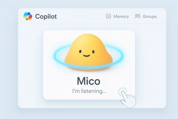 A cute yellow blob named Mico with a glowing blue halo, listening in the Copilot UI. A cute yellow blob named Mico with a glowing blue halo, listening in the Copilot UI.