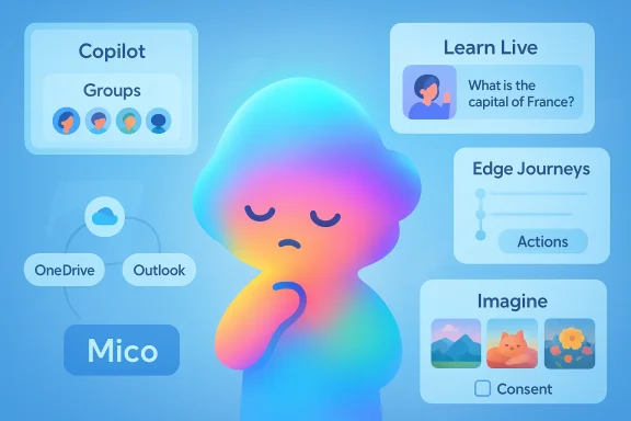 A gradient, contemplative figure stands among floating UI panels labeled Copilot, Learn Live, and Imagine. A gradient, contemplative figure stands among floating UI panels labeled Copilot, Learn Live, and Imagine.