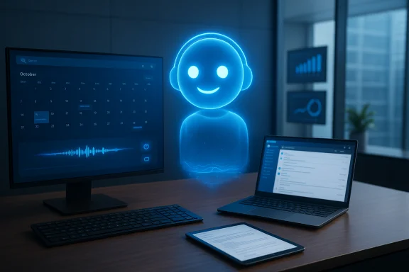 Blue glowing holographic AI assistant sits between monitors in a modern office. Blue glowing holographic AI assistant sits between monitors in a modern office.