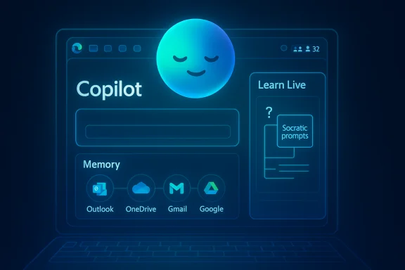 A glowing blue holographic laptop UI shows Copilot with a sleepy face and memory shortcuts to Outlook OneDrive Gmail. A glowing blue holographic laptop UI shows Copilot with a sleepy face and memory shortcuts to Outlook OneDrive Gmail.