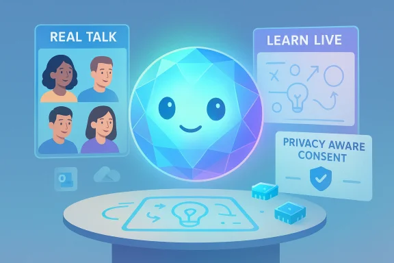 A friendly glowing AI orb sits at a round table among 'Real Talk', 'Learn Live', and 'Privacy Aware Consent' posters. A friendly glowing AI orb sits at a round table among 'Real Talk', 'Learn Live', and 'Privacy Aware Consent' posters.