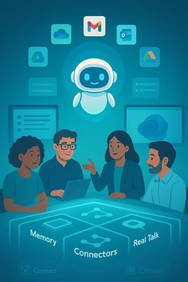 A friendly robot AI guides a diverse team in a futuristic tech meeting. A friendly robot AI guides a diverse team in a futuristic tech meeting.
