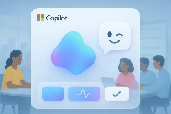 Copilot UI with a colorful gradient blob and winking chat icon in a meeting room. Copilot UI with a colorful gradient blob and winking chat icon in a meeting room.
