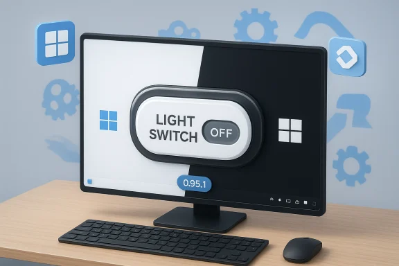 A computer monitor shows a giant 'Light Switch' OFF button over a Windows-themed interface. A computer monitor shows a giant 'Light Switch' OFF button over a Windows-themed interface.