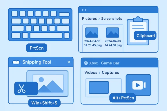 Blue infographic showing Windows screenshot shortcuts and tools (PrtScn, Win+Shift+S, Snipping Tool, Xbox Bar). Blue infographic showing Windows screenshot shortcuts and tools (PrtScn, Win+Shift+S, Snipping Tool, Xbox Bar).