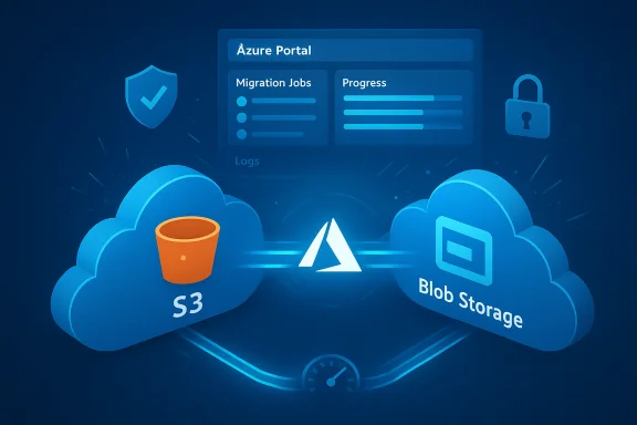 Azure Portal bridges AWS S3 and Azure Blob Storage in a cloud integration. Azure Portal bridges AWS S3 and Azure Blob Storage in a cloud integration.