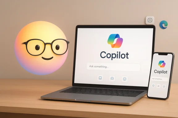 A smiling emoji with glasses sits beside a laptop and iPhone displaying Copilot. A smiling emoji with glasses sits beside a laptop and iPhone displaying Copilot.