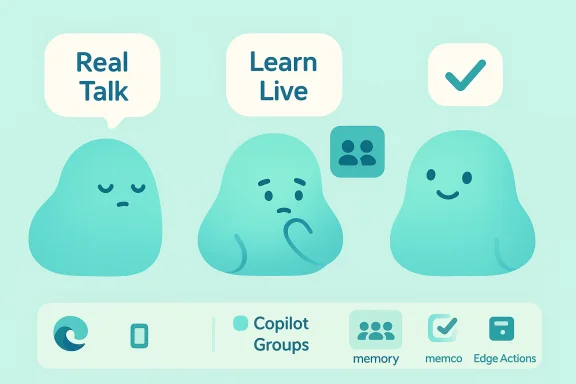 Three teal blob characters with Real Talk and Learn Live speech bubbles on a soft aqua background. Three teal blob characters with Real Talk and Learn Live speech bubbles on a soft aqua background.