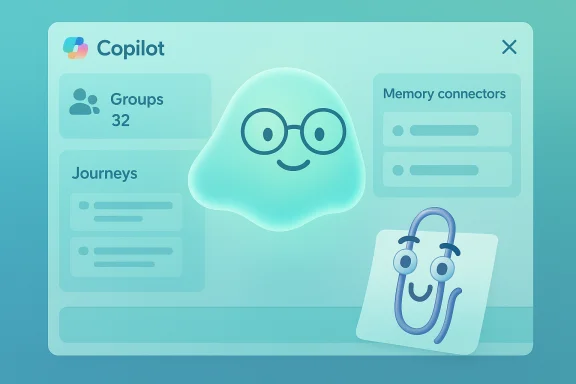 Teal Copilot dashboard with a smiling mascot wearing glasses over panels for Groups, Journeys, Memory connectors. Teal Copilot dashboard with a smiling mascot wearing glasses over panels for Groups, Journeys, Memory connectors.