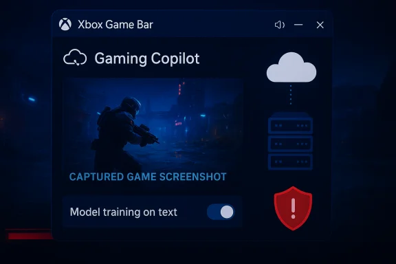 Xbox Game Bar UI featuring Gaming Copilot with a captured game screenshot of a soldier in blue-lit city. Xbox Game Bar UI featuring Gaming Copilot with a captured game screenshot of a soldier in blue-lit city.