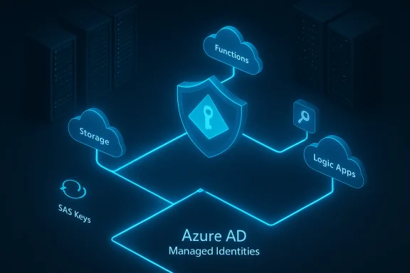 Azure AD Managed Identities securely connect Functions, Storage, and Logic Apps via cloud icons. Azure AD Managed Identities securely connect Functions, Storage, and Logic Apps via cloud icons.