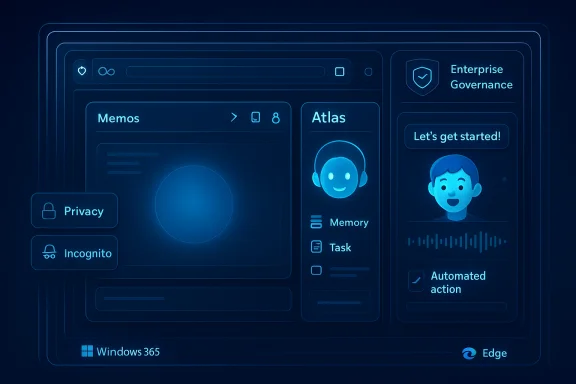 Blue neon UI concept of Windows 365 Edge with enterprise governance, Memos, Atlas, and privacy options.