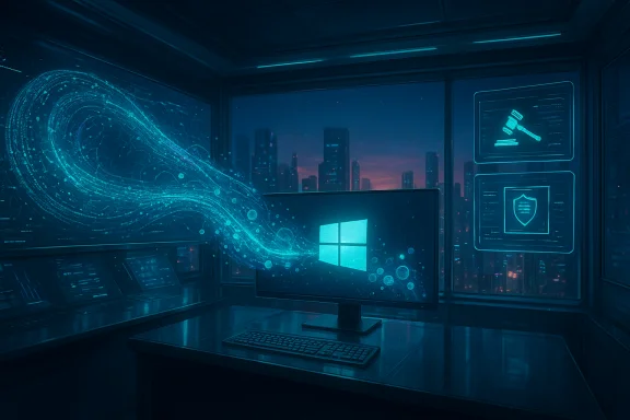 Futuristic control room with a glowing Windows monitor and a luminous data stream over the city skyline. Futuristic control room with a glowing Windows monitor and a luminous data stream over the city skyline.