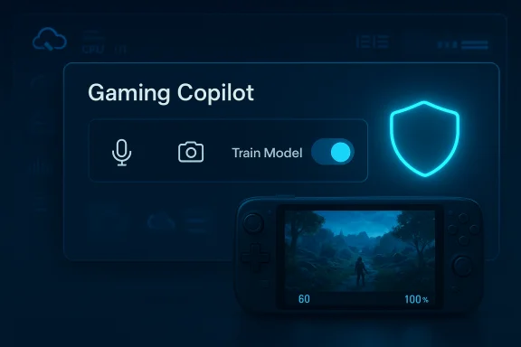 Gaming Copilot UI with Train Model toggle and glowing shield, over a handheld console displaying a forest game. Gaming Copilot UI with Train Model toggle and glowing shield, over a handheld console displaying a forest game.