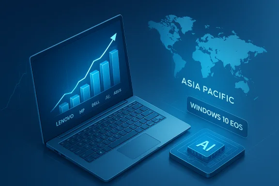 Blue laptop displays a rising graph beside an Asia Pacific map and AI button. Blue laptop displays a rising graph beside an Asia Pacific map and AI button.