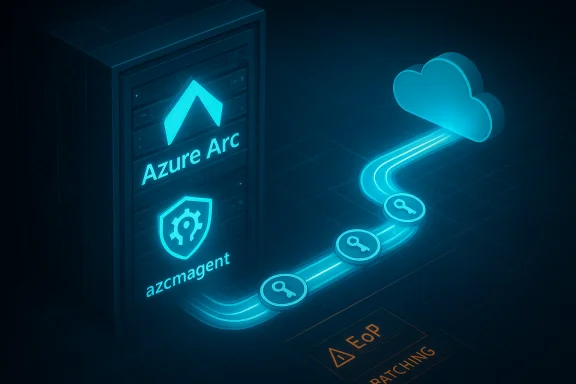 Azure Arc-enabled server links on‑prem infrastructure to the cloud via a glowing key path.