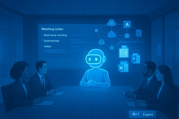 A robot hosts a business meeting, presenting real-time notes and cloud diagrams. A robot hosts a business meeting, presenting real-time notes and cloud diagrams.