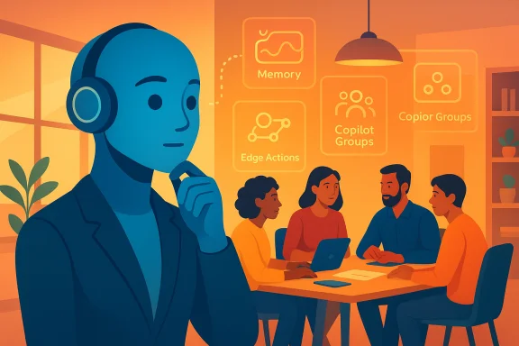 A blue AI assistant with headphones oversees a team collaborating around a table, with AI icons on the wall. A blue AI assistant with headphones oversees a team collaborating around a table, with AI icons on the wall.