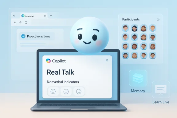A friendly Copilot UI on a laptop displays Real Talk nonverbal indicators with avatars and learning tools. A friendly Copilot UI on a laptop displays Real Talk nonverbal indicators with avatars and learning tools.