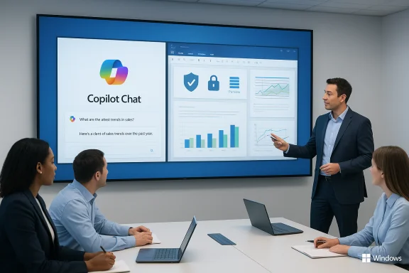 Presenter explains Copilot Chat on a large screen to colleagues in a meeting. Presenter explains Copilot Chat on a large screen to colleagues in a meeting.