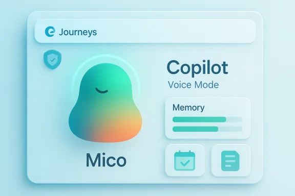 Soft blue UI card showing Copilot Voice Mode with Mico avatar, memory bars and icons. Soft blue UI card showing Copilot Voice Mode with Mico avatar, memory bars and icons.