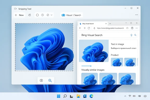 Windows Snipping Tool showing a blue abstract image and the Bing Visual Search panel. Windows Snipping Tool showing a blue abstract image and the Bing Visual Search panel.